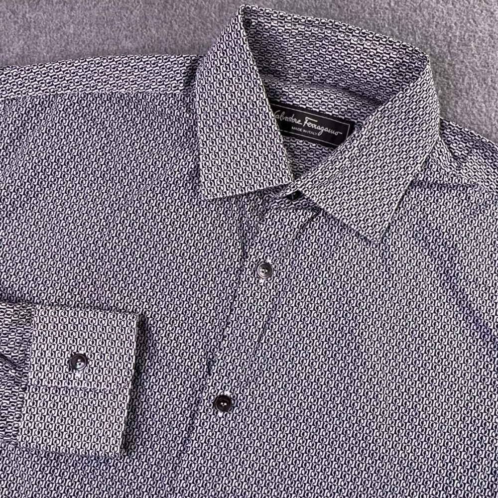 Salvatore Ferragamo Gancio All Over Print Button Down Shirt Men's M White Navy